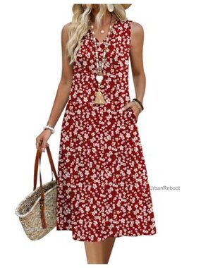 Women's Sleeveless V Neck Midi Tank Dress with Pockets Casual Summer